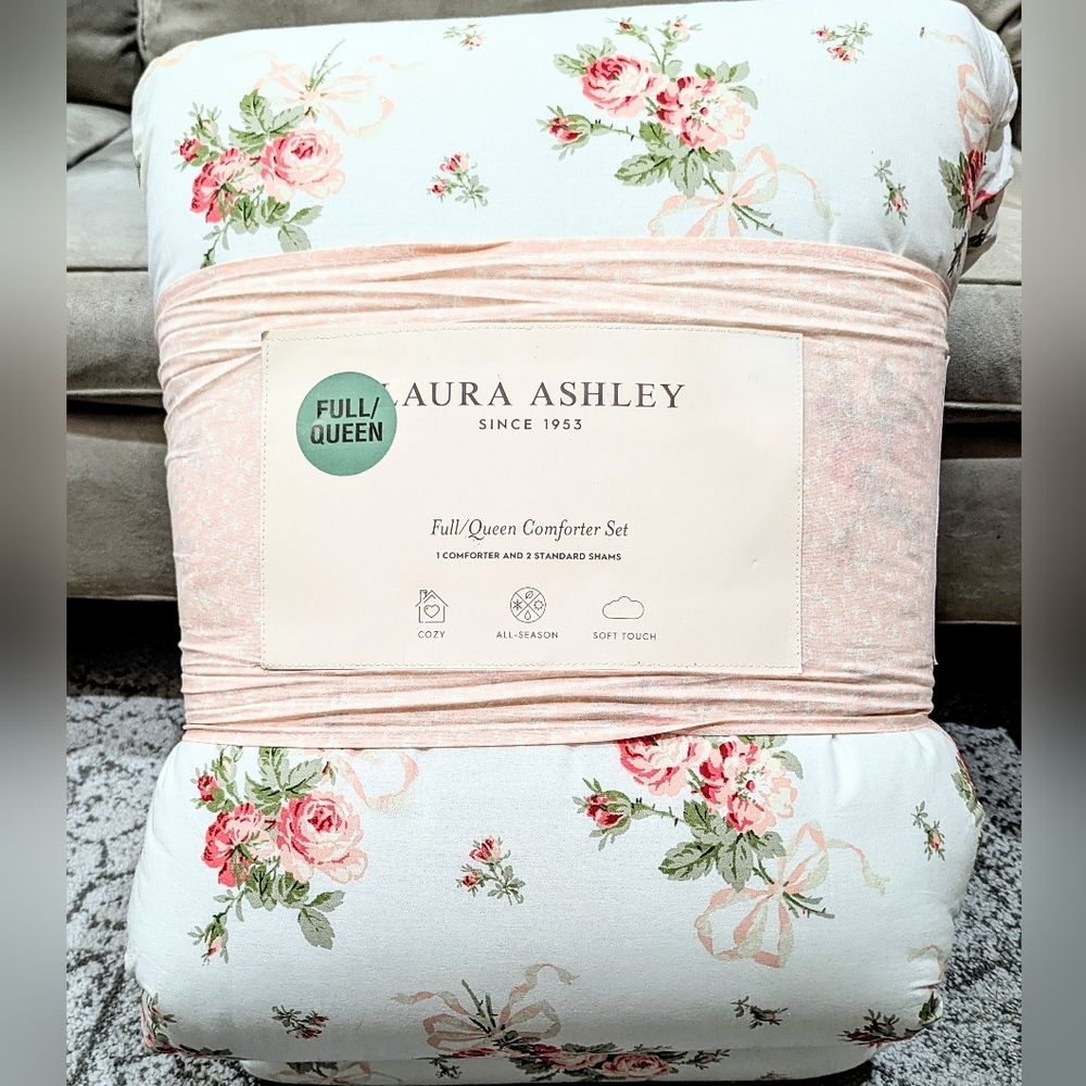 New LAURA ASHLEY Pink Bouquet Ribbon Bows FULL/QUEEN Cotton Comforter Set